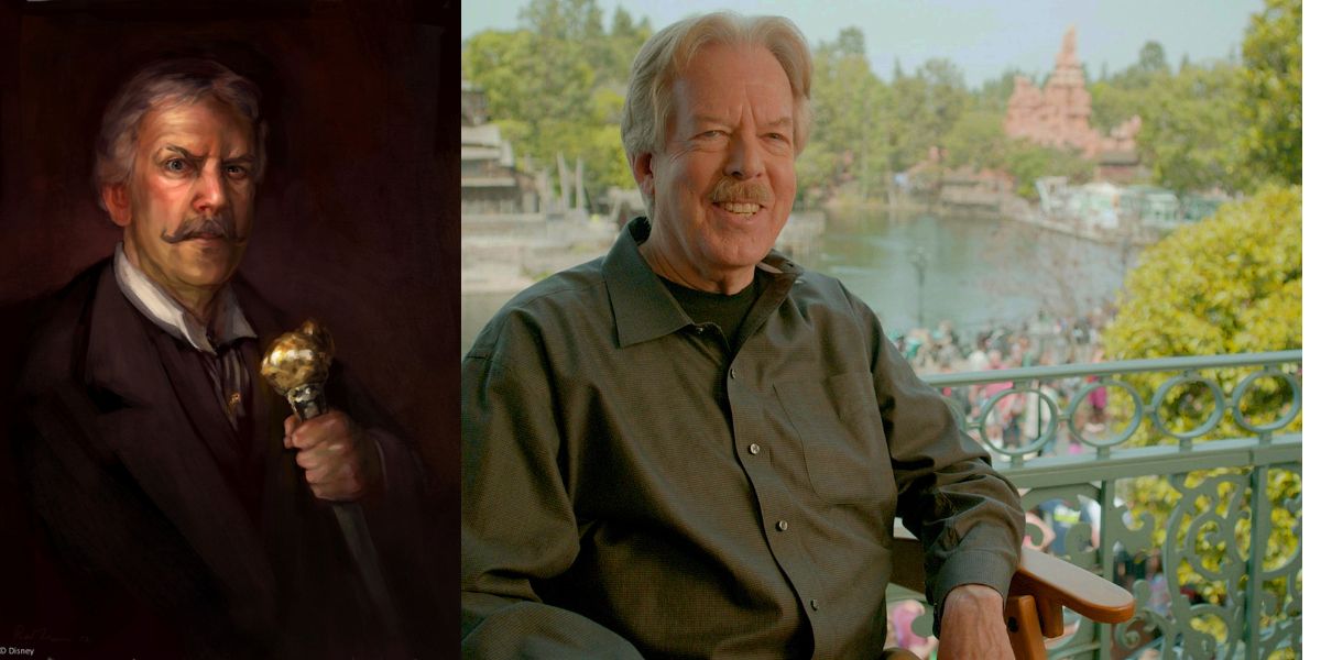 A side-by-side image: on the left, a painted portrait of an older man with gray hair and a mustache holding a cane; on the right, an older man with gray hair and a mustache smiles while sitting on a balcony overlooking a theme park.
