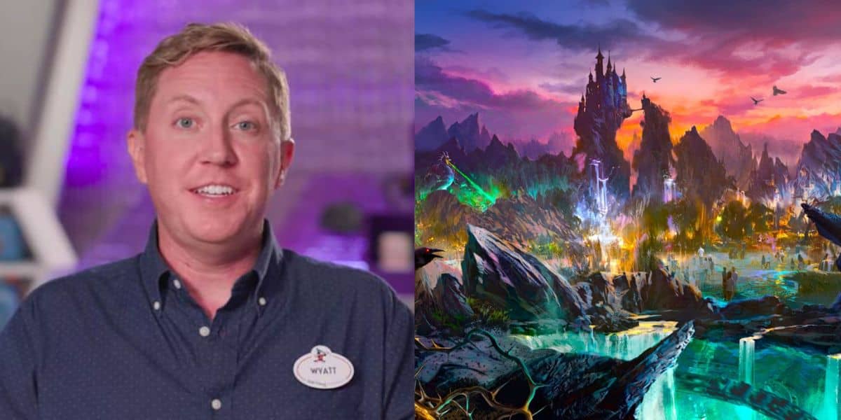 A man named Wyatt, wearing a blue shirt and name tag, smiles at the camera on the left; on the right, a colorful fantasy landscape features jagged mountains, a castle, and glowing water under a vibrant sky.