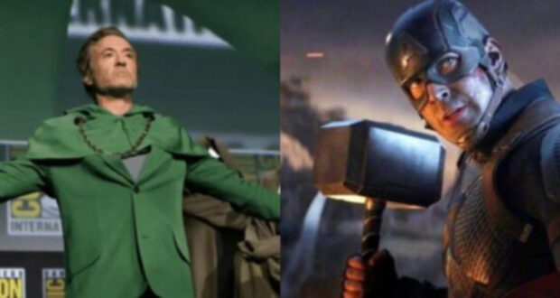 Split image: On the left, a man in a green suit with arms outstretched stands on stage. On the right, an MCU superhero in a helmet wields a large hammer, looking determined in a dramatic Avengers: Endgame scene.