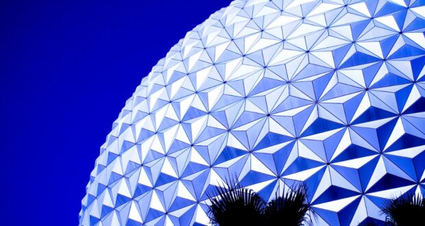 A close-up view of Spaceship Earth at EPCOT during the day.