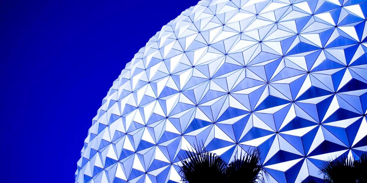 A close-up view of Spaceship Earth at EPCOT during the day.
