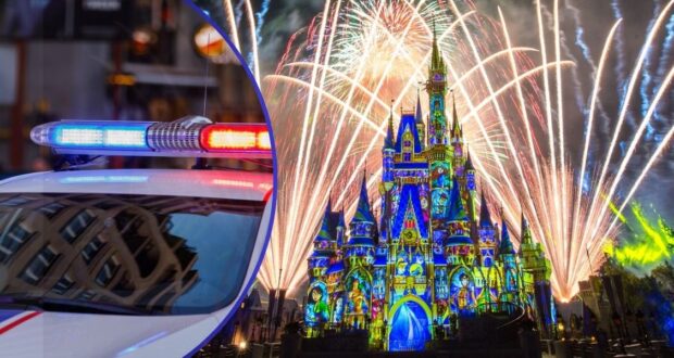 A police car with flashing lights is in the foreground on the left, while fireworks burst over a brightly illuminated Cinderella Castle at a theme park at night on the right.