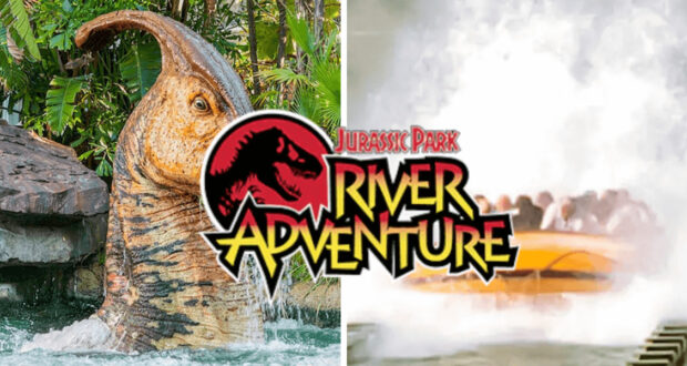 Split image: on the left, a dinosaur animatronic next to rocks and greenery; on the right, a boat splashes down into water. "Jurassic Park River Adventure" logo is overlaid in the center.