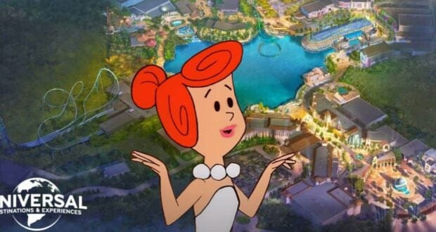 Mixed image: Wilma from 'The Flintstones' in the foreground, the Universal Studios GB concept art in the background