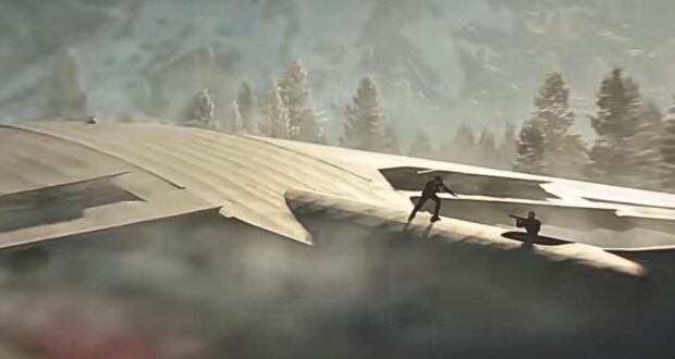 James Bond fighting an enemy on top of a plane in "007 First Light"