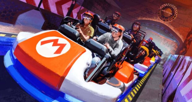 A group of people on Mario Kart: Bowser's Challenge at Epic Universe