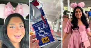 Three screenshots from a video of a woman sharing her free parking "hack" for Walt Disney World Resort.