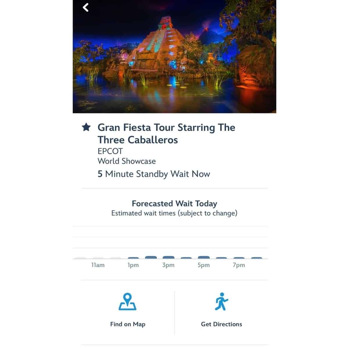 The My Disney Experience app showing that Gran Fiesta Tour Starring The Three Caballeros has a five-minute wait time.