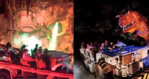 Split image: On the left, people in a jeep on a jungle-themed ride with red lighting and mist. On the right, riders in a vehicle face a large animatronic dinosaur in a dark, foggy setting.