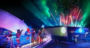 Drones above Stark Expo Marvel theme park land