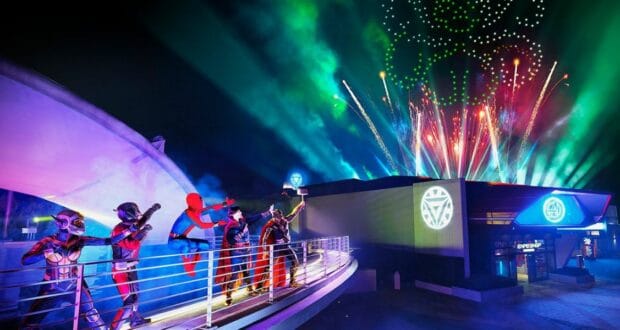 Drones above Stark Expo Marvel theme park land