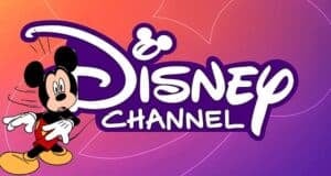 Mickey Mouse stands beside the Disney Channel logo on a purple-orange gradient background with a faint Mickey silhouette outline.