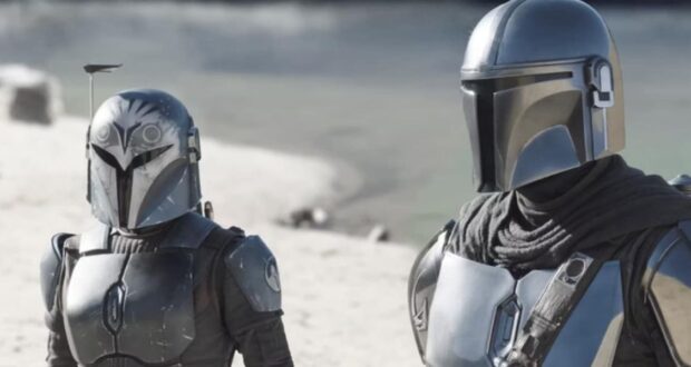 Katee Sackhoff and Pedro Pascal as Bo-Katan and Din Djarin in The Mandalorian