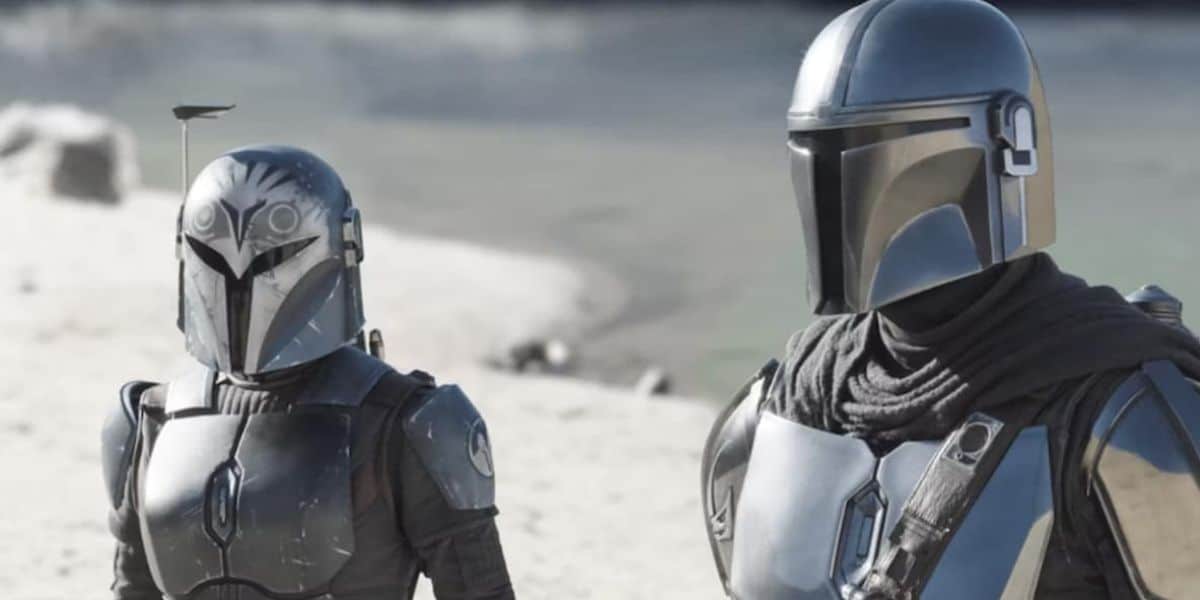 Katee Sackhoff and Pedro Pascal as Bo-Katan and Din Djarin in The Mandalorian