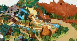Colorful illustrated map of a theme park area, featuring winding water rides, waterfalls, trees, wooden buildings, and rocky red cliffs in the background, creating a whimsical adventure landscape.