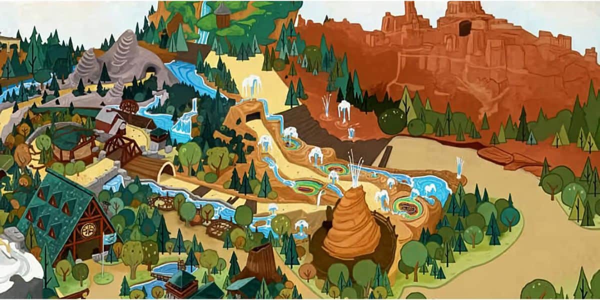 Colorful illustrated map of a theme park area, featuring winding water rides, waterfalls, trees, wooden buildings, and rocky red cliffs in the background, creating a whimsical adventure landscape.