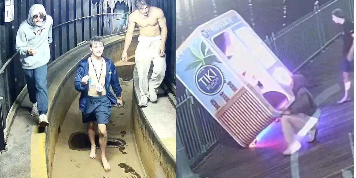 Two images side by side: On the left, three young men, one shirtless, walk barefoot through a winding, empty water slide at night. On the right, a person pushes over a Tiki-style drink cart under bright lights.