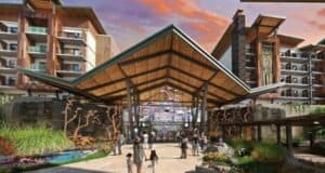 Concept art for Disney's Lakeshore Lodge, showing the resort entrance.