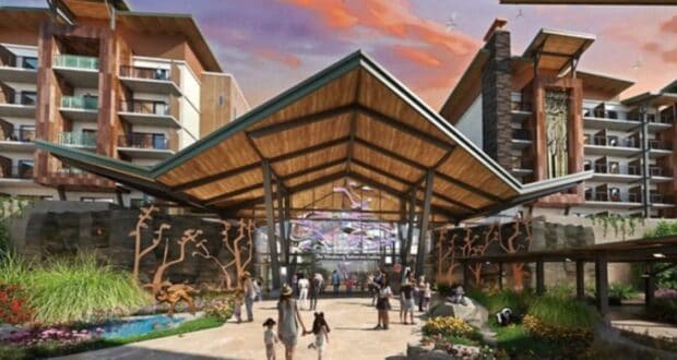 Concept art for Disney's Lakeshore Lodge, showing the resort entrance.