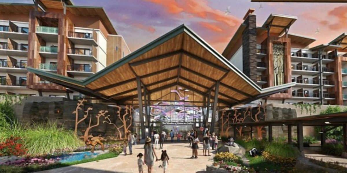 Concept art for Disney's Lakeshore Lodge, showing the resort entrance.