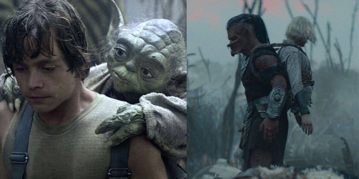 A split image: Luke and Yoda on the left from 'Star Wars' , Dek and Thia on the right from 'Predator: Badlands'