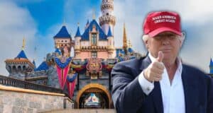 Trump edited in front of Sleeping Beauty Castle at Disneyland, giving a thumbs-up while wearing a MAGA hat.