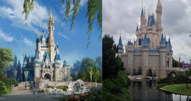 On the left, a vibrant concept painting of Cinderella Castle; on the right, a photo of Cinderella Castle at Magic Kingdom.