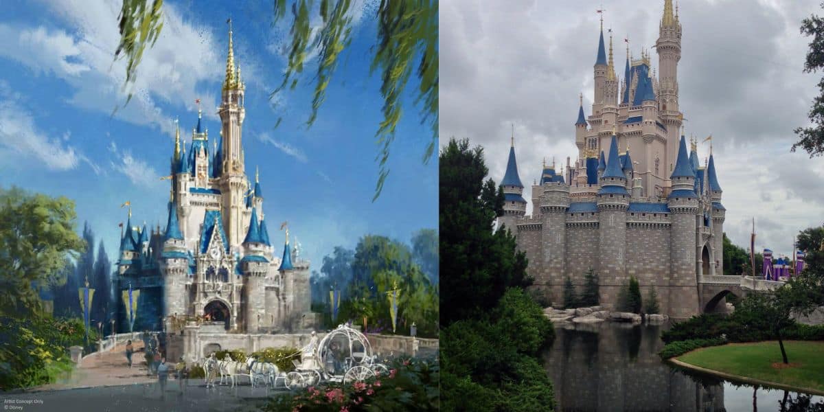 On the left, a vibrant concept painting of Cinderella Castle; on the right, a photo of Cinderella Castle at Magic Kingdom.