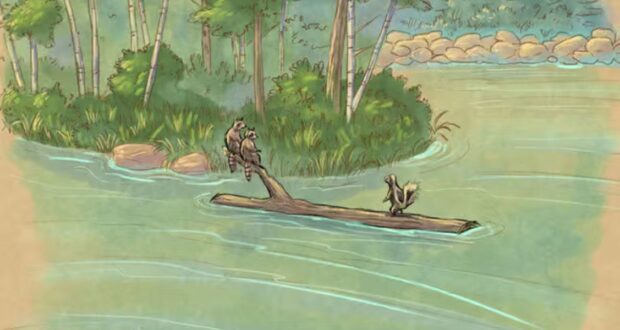 Two raccoons lounge on a log drifting through Adventure River, passing by a themed island with lush trees and rocky scenery.