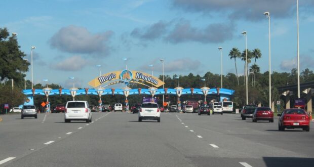 Driving toward the Magic Kingdom main entrance.