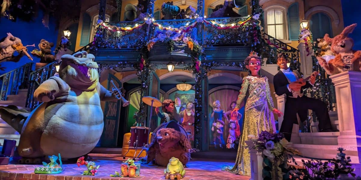 The finale scene of Tiana's Bayou Adventure at Magic Kingdom Park.