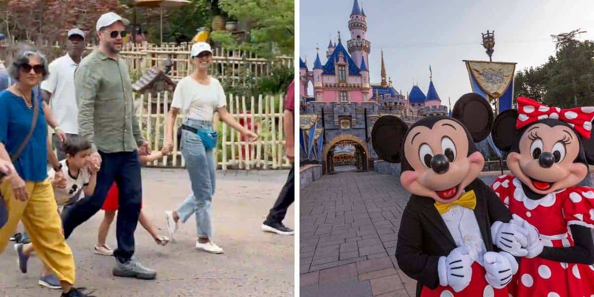 Guests stroll through Disneyland as Mickey and Minnie pose by the iconic castle, site of recent high-profile security concerns.