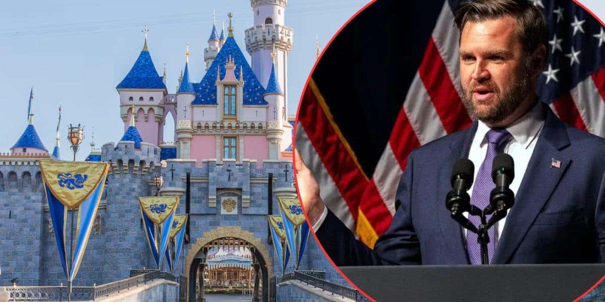 Sleeping Beauty Castle at Disneyland; press conference reveals federal charges after a bomb threat during JD Vance's park visit.