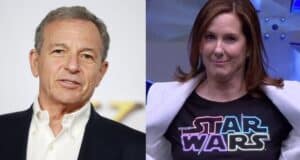 Bob Iger in a suit stands alongside a woman in Star Wars apparel, reflecting Disney’s entertainment and park culture.