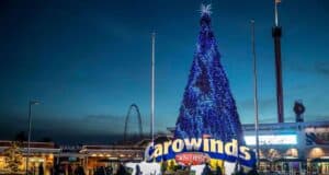 Christmas tree at the entrance of Carowinds for its Winterfest