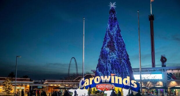 Christmas tree at the entrance of Carowinds for its Winterfest