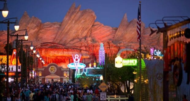 Cars Land at nighttime