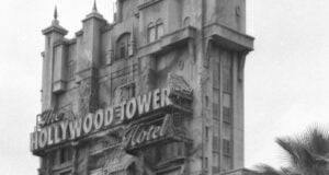 A black and white photo of the Tower of Terror.