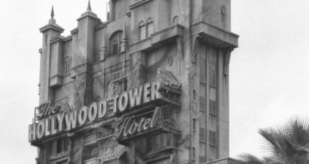 A black and white photo of the Tower of Terror.