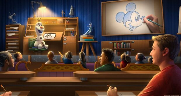 Guests in a Disney-themed classroom sketch Mickey Mouse as Olaf the snowman leads an entertaining drawing session up front.