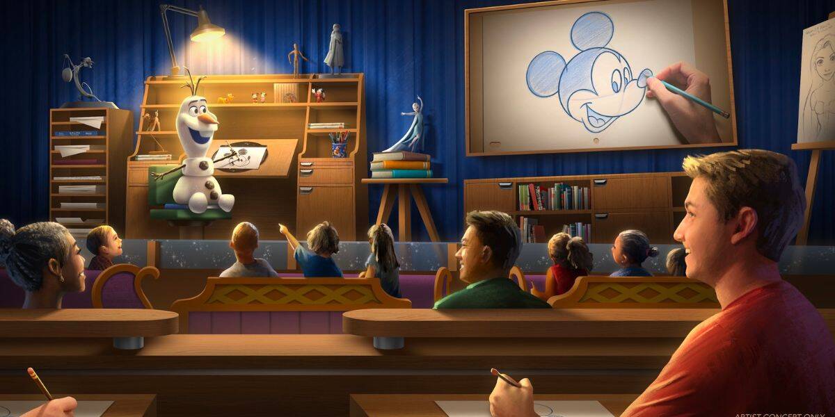 Guests in a Disney-themed classroom sketch Mickey Mouse as Olaf the snowman leads an entertaining drawing session up front.