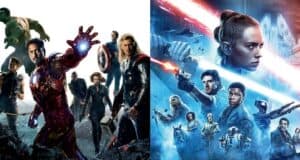 Avengers (left), Rey above other 'Star Wars' characters (right)
