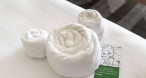 Three white towels shaped like Mickey Mouse sit on a Disney World bed, with a Mousekeeping card—a magical, nostalgic detail.