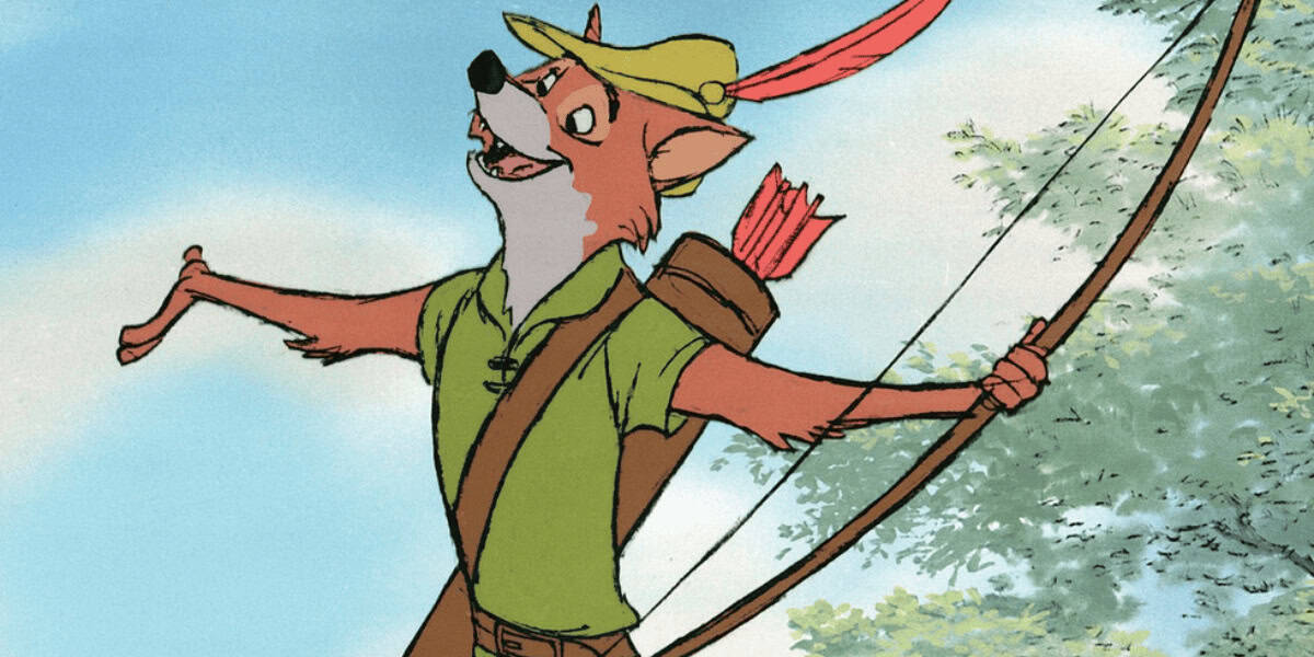 Robin Hood Fox striking a heroic pose with bow, feathered hat, and arms wide open at Adventureland.