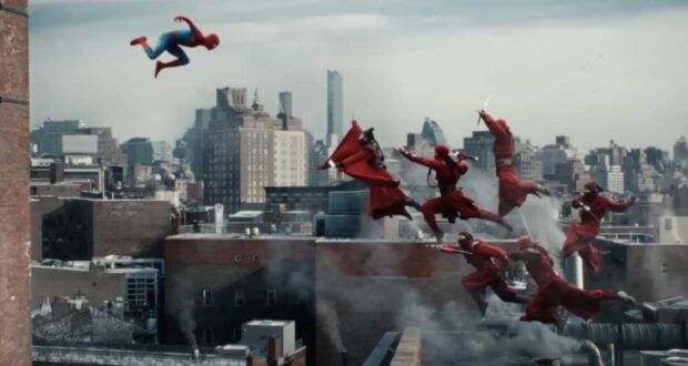 Spider-Man bounds from a rooftop at Marvel Super Hero Island, sending red-clad foes flying with his signature acrobatic flair.