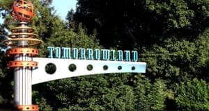 Tomorrowland entrance sign at Disneyland Park.