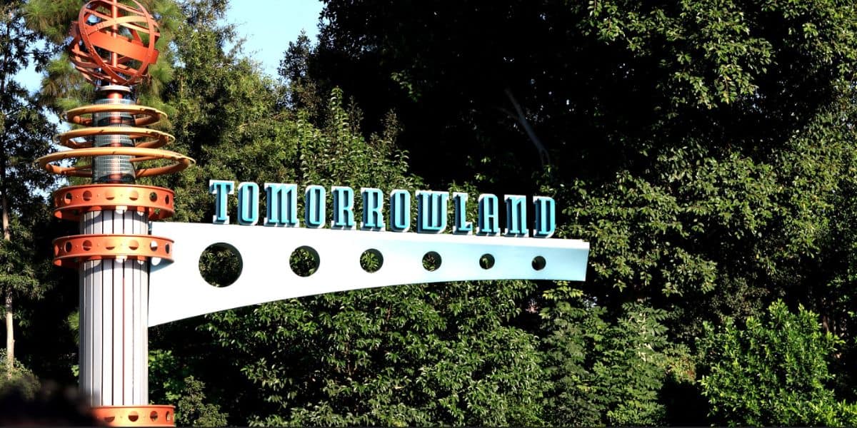 Tomorrowland entrance sign at Disneyland Park.