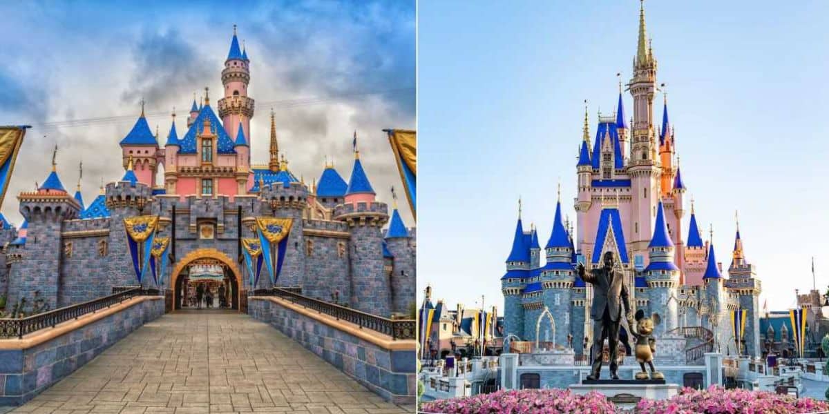 A split image showing two iconic Disney castles highlights the Disneyland v Disney World distinction. The left side features Sleeping Beauty Castle at Disneyland with a bridge and colorful flags, while the right showcases Cinderella Castle at Walt Disney World with Walt Disney and Mickey Mouse in the foreground. Rising gas prices Disney vacation travel