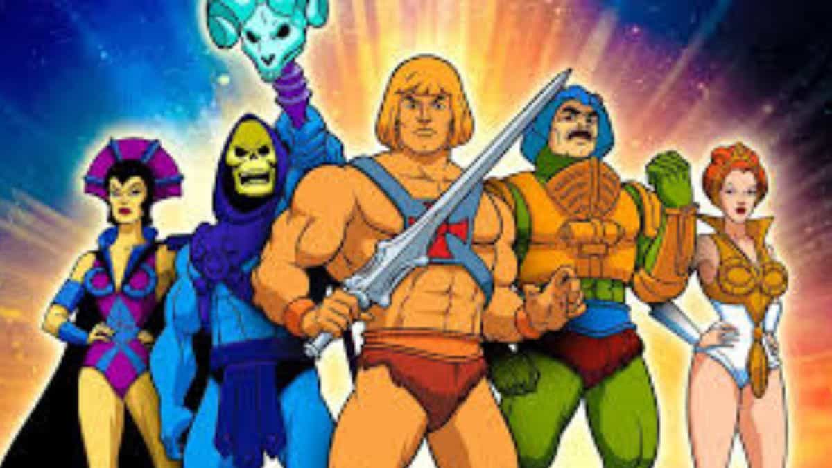 He-Man and Skeletor with fellow Masters of the Universe characters pose heroically as a new $200M movie adventure is announced.