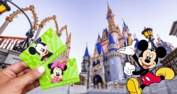 Disney tickets held up in front of Cinderella Castle, as Mickey Mouse waves and spotlights a 50% Disney vacation price change.